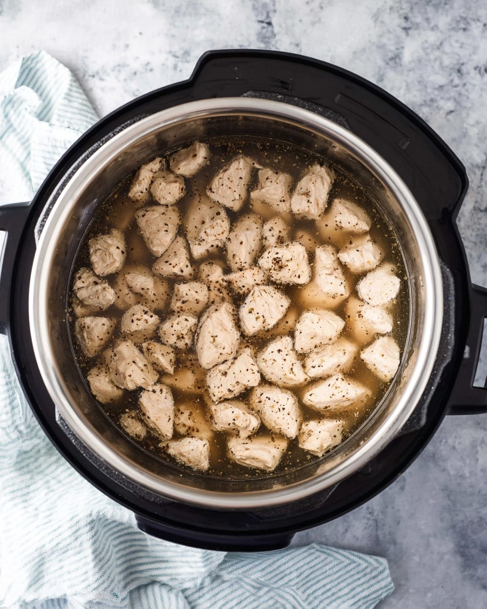Inside a black electric pot with a stainless steel inner pot, there are many small pieces of light beige cooked chicken floating in a clear broth. The chicken pieces are seasoned with small black pepper flakes and look soft. The pot is placed on a white marbled surface with a light blue and white striped cloth partly under it. Photo taken with an iphone --ar 4:5 --v 7