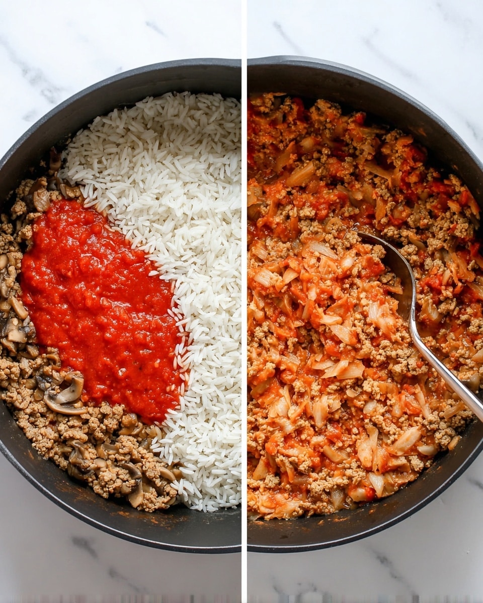 The image shows two photos side by side of a black pot on a white marbled surface. The left photo has three separate layers inside the pot: white cooked rice on the right, cooked ground meat with small pieces of mushrooms on the bottom left, and a smooth red tomato sauce on the top left. The right photo shows the same ingredients fully mixed together, creating a textured mix of pale brown ground meat with small pieces of mushrooms, bits of white rice, and orange-red tomato sauce spread throughout. A silver spoon sticks out from the mixture on the right side of the pot. Photo taken with an iphone --ar 4:5 --v 7