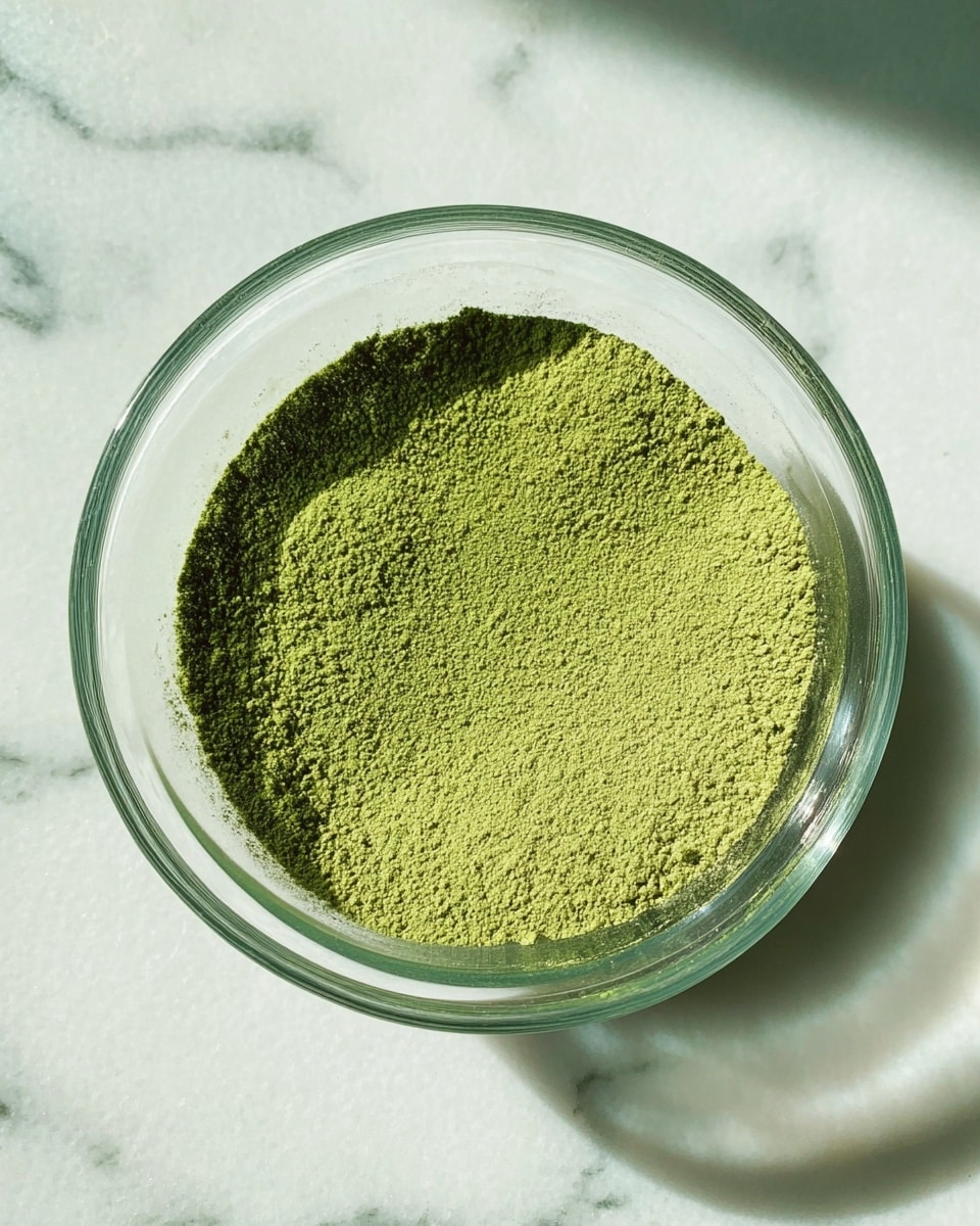 A clear glass bowl holds a fine, bright green powder covering the bottom, with sunlight casting soft shadows on the powder and the white marbled surface beneath. The powder looks smooth and evenly spread, with a slight texture hint from the granules. The scene is simple, focusing on the bowl and the powder inside, with gentle light giving a clean and fresh feel. photo taken with an iphone --ar 4:5 --v 7