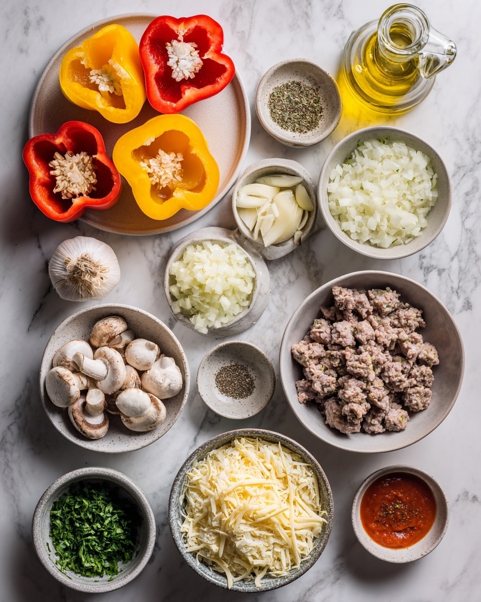 Top-down professional food photography flat lay style, bright white marble countertop, neatly arranged, evenly spaced, tidy, clean organized layout, include: three halved assorted colored bell peppers with seeds and stalks removed on a small plate, bowl of finely chopped onion, small bowl of minced garlic, bowl of prepared meat pieces, small bowl of chopped mushrooms, small bowl of cauliflower rice, glass measuring cup of tomato puree, small bowl of dried Italian herbs, small bowl of salt, small bowl of pepper, bottle of olive oil, small bowl of grated cheddar cheese, small bowl of finely chopped fresh parsley, bright soft natural lighting, sharp focus, high detail textures, realistic reflections, professional DSLR look, 4K, no finished dish, no cooked food, no hands, no text, no watermark, no brand logos --ar 4:5 --v 7
