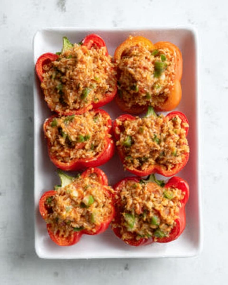 A white rectangular dish shows six stuffed red bell pepper halves, arranged in two rows of three. Each pepper half is filled generously with a mixture of cooked rice and finely chopped vegetables, giving the filling a grainy and slightly textured look with orange and green specks. The filling appears fluffy and soft, slightly mounded over the edges of the peppers. The dish sits on a white marbled surface. photo taken with an iphone --ar 4:5 --v 7