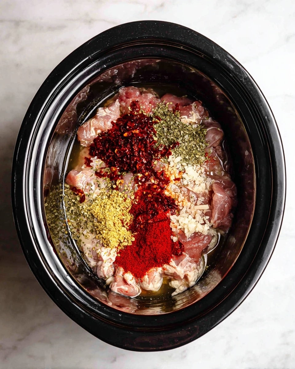 Inside a black slow cooker, there is one main layer of raw light pink meat pieces spread evenly on the bottom. On top, different spices are placed separately in small piles: deep red dried chili flakes, a bright red powder, yellow minced garlic, and greenish dried herbs sprinkled around. The mixture is slightly wet with a clear liquid visible at the edges. The slow cooker sits on a white marbled surface. Photo taken with an iphone --ar 4:5 --v 7
