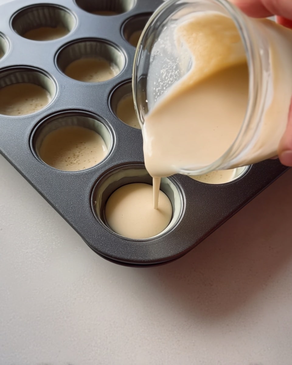 A close-up image shows a white marble surface holding a dark non-stick muffin tray with empty circular molds, one of which is being filled with a light beige creamy batter pouring slowly from a glass measuring cup held by a woman's hand on the right side of the frame. The batter has a smooth texture, and the scene has soft, natural lighting highlighting the contrast between the batter’s pale color and the dark muffin tray. Photo taken with an iphone --ar 4:5 --v 7