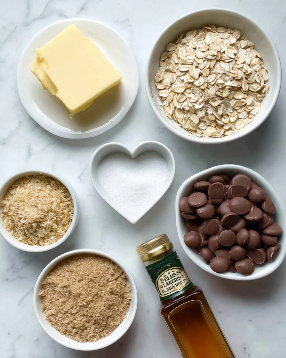 The image shows a white marbled surface with six ingredients arranged neatly: a chunk of pale yellow butter on a white plate in the top left, a white bowl filled with light beige rolled oats at the top center, a small white heart-shaped bowl with white granulated sugar in the middle, a white bowl with light brown soft sugar in the bottom left, a white bowl filled with smooth, round milk chocolate chips at the right center, and a dark glass bottle of golden syrup lying diagonally at the bottom right. All items are clear and well-lit, with soft shadows. Photo taken with an iphone --ar 4:5 --v 7