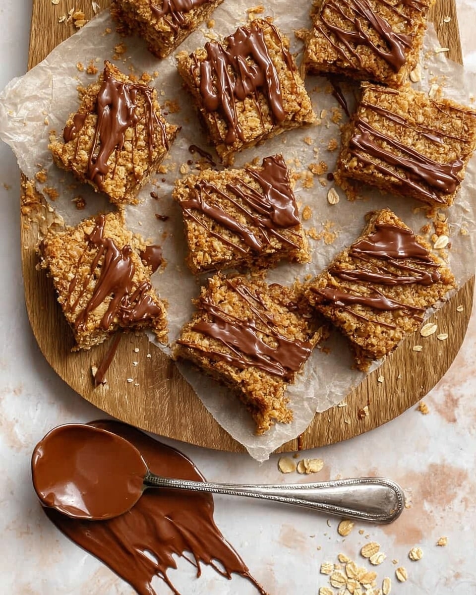 The image shows several square oat bars arranged on crinkled parchment paper over a wooden board, each bar topped with a light drizzle of melted chocolate creating thin, shiny streaks across the textured oat surface. The oat bars have a golden-brown color with a rough, crumbly texture visible on their edges and tops, and some small oat crumbs are scattered around the bars on the parchment. Below the board on the white marbled surface, a spoon lies with melted chocolate dripping from the edge, blending into artistic swirls of chocolate on the surface, adding a messy yet inviting look. photo taken with an iphone --ar 4:5 --v 7