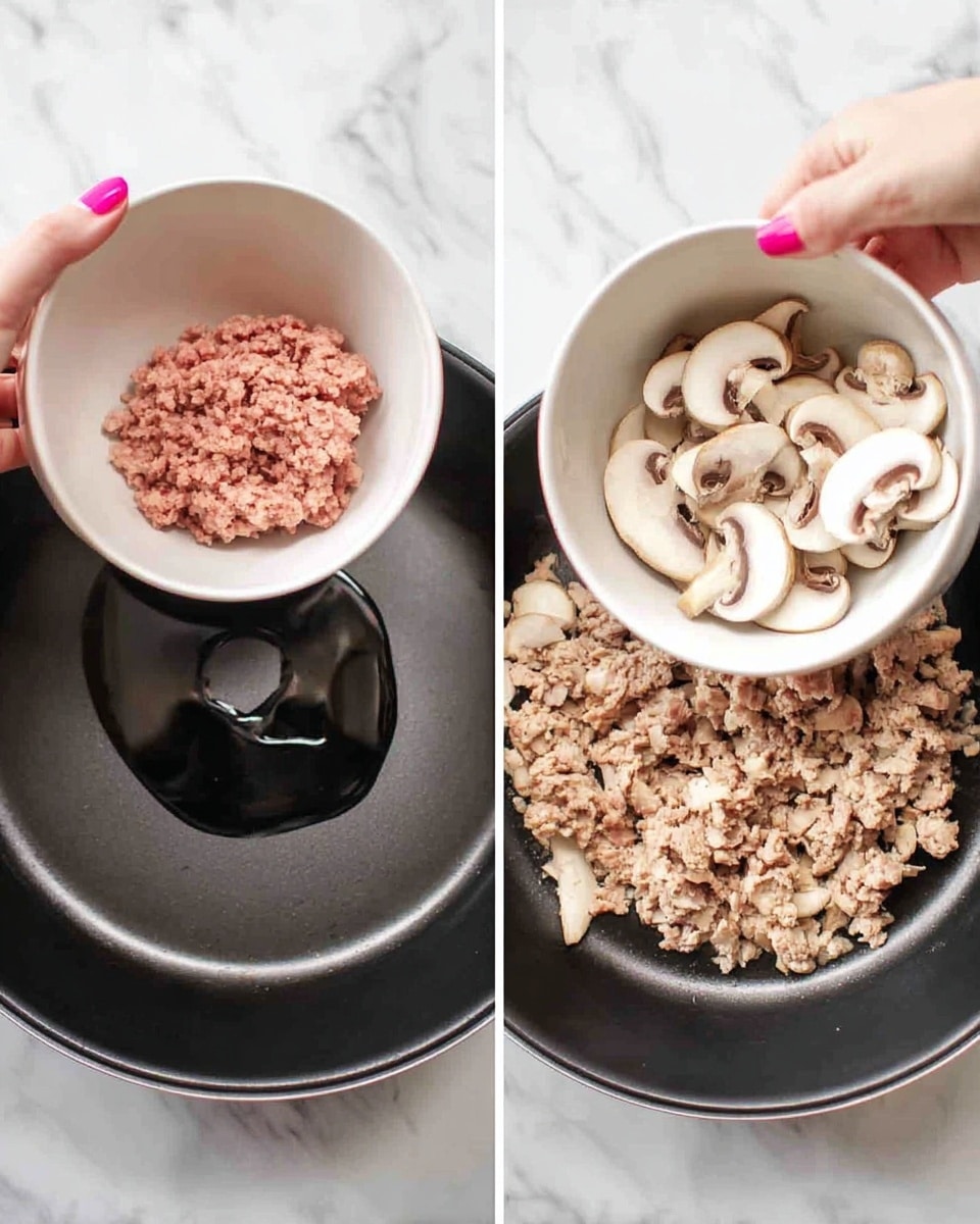 The image shows two side-by-side photos of a black pan on a white marbled surface. In the left photo, a woman's hand with pink nail polish holds a white bowl filled with raw, light brown ground meat, about to pour it into the pan. The pan has a small shine of oil or liquid inside. In the right photo, the same woman's hand holds a white bowl filled with sliced white mushrooms, hovering just above the pan which now contains some of the raw ground meat spreading out. The mushrooms look fresh with light brown edges and white centers. The overall scene focuses on the beginning of cooking with fresh ingredients ready to drop in the pan photo taken with an iphone --ar 4:5 --v 7