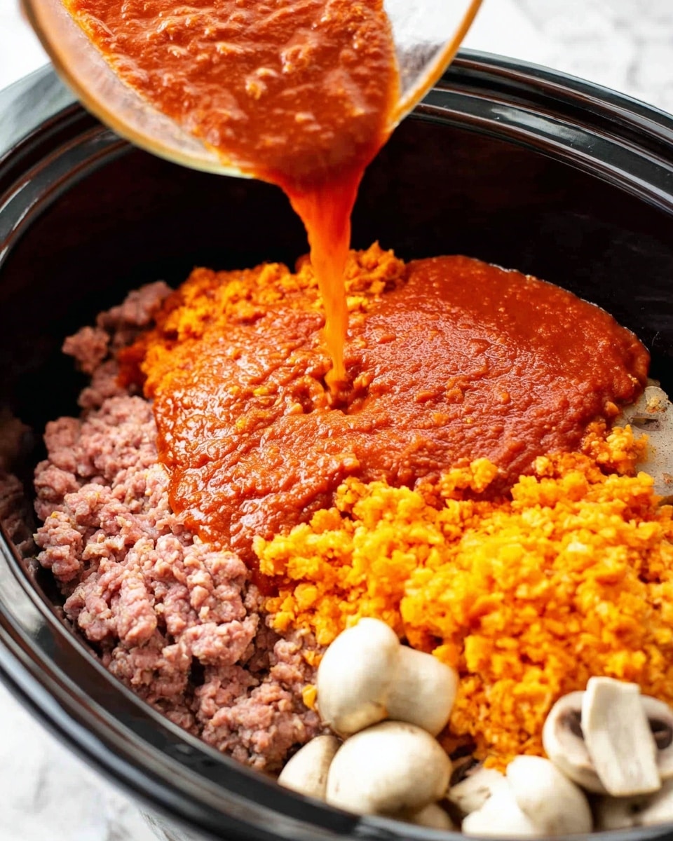 The image shows a close-up of a slow cooker filled with layers of ingredients on a white marbled surface. The bottom layer is ground meat with a pale pink color, next to some whole white mushrooms. Above the meat, there is a thick, smooth layer of rich red tomato sauce. On top of the sauce, there is a layer of finely chopped bright orange vegetables being poured from a clear glass container by a woman's hand. The vivid colors and textures of each layer are very clear and fresh. Photo taken with an iphone --ar 4:5 --v 7