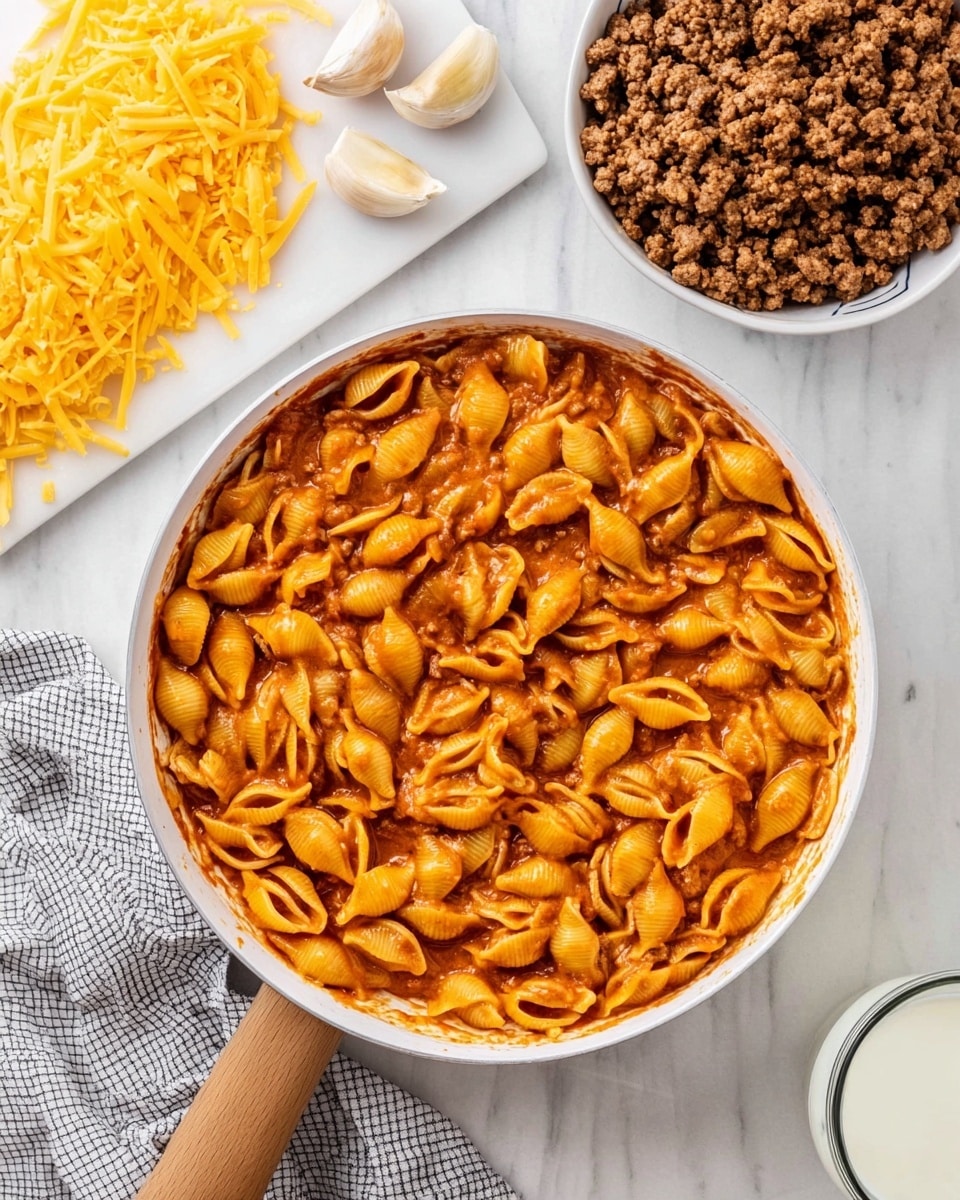 A white pan filled with small shell pasta coated in a smooth, orange-red sauce, sitting on a white marbled surface. To the top left of the pan, there is a white cutting board with a pile of bright yellow shredded cheese and two cloves of garlic. To the top right, a white bowl is full of browned cooked ground beef. At the bottom right, a glass of milk is partially visible. A gray and white checked cloth is placed next to the pan's wooden handle. Photo taken with an iphone --ar 4:5 --v 7