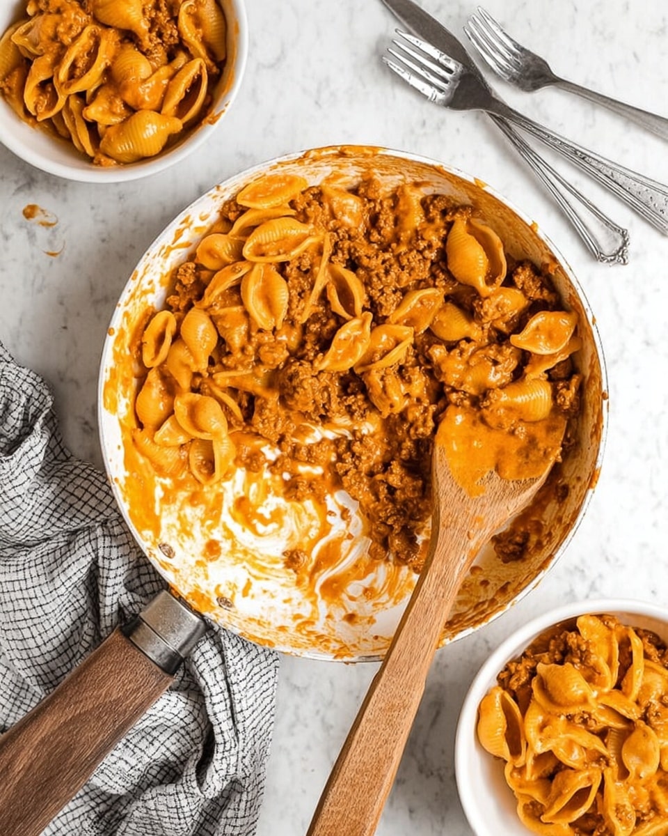 A white pan with a wooden handle holds shell pasta mixed with ground meat and a creamy orange sauce inside, with some pasta and sauce wiped off on one side. A wooden spoon rests in the pan, coated in the same sauce and meat mixture. Around the pan, there are two small white bowls filled with the same pasta and sauce. The surface beneath is white marbled, with two forks placed in the upper right corner and a gray and white checkered cloth partially visible under the pan. Photo taken with an iphone --ar 4:5 --v 7