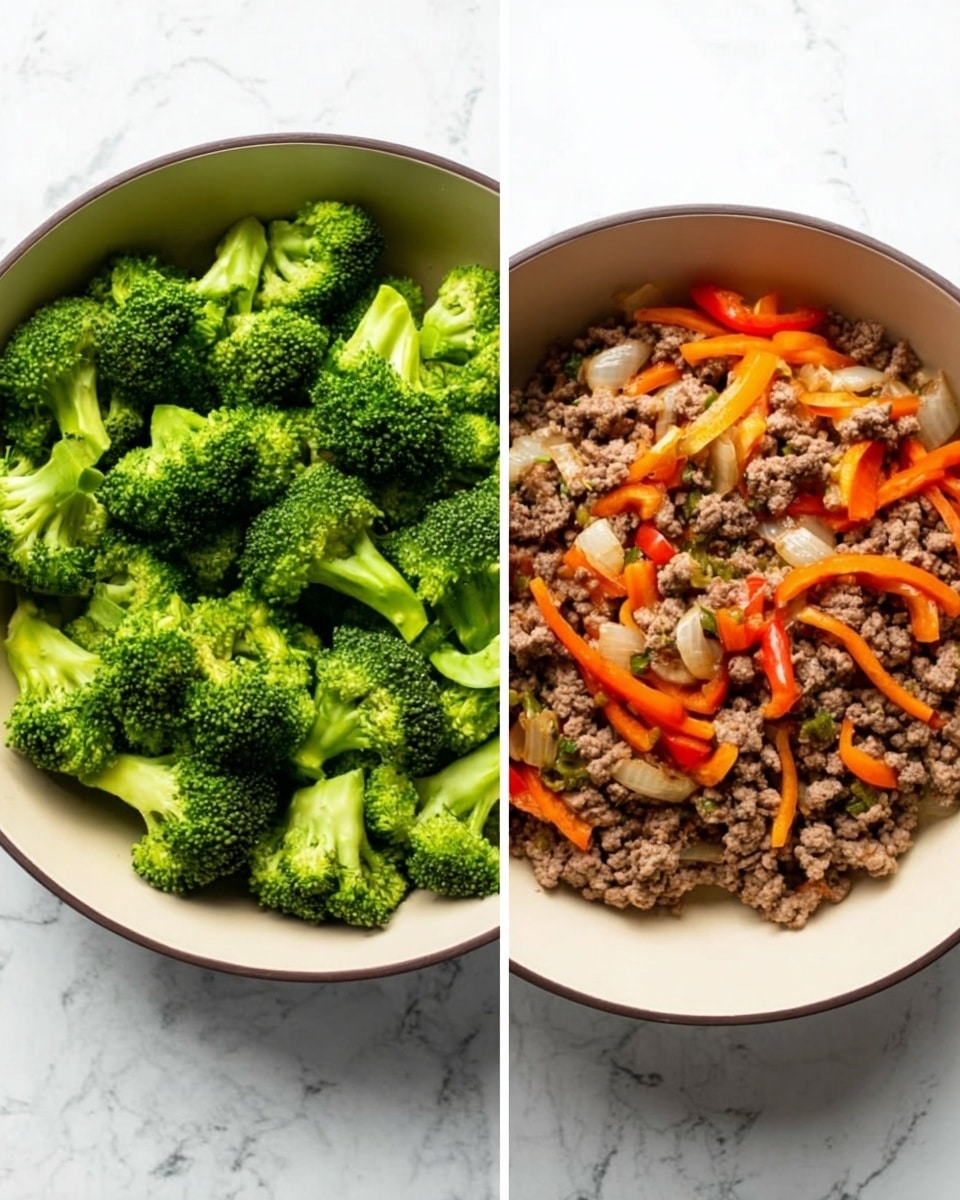 The image shows two white bowls placed side by side on a white marbled surface. The left bowl is filled with bright green broccoli florets that have a fresh and slightly steamed texture, evenly spread out. The right bowl contains cooked ground meat mixed with small pieces of white onion and long, thin strips of orange bell pepper, all combined and laying flat inside the bowl. Both bowls have a smooth, cream-colored inside with a dark rim, and the lighting highlights the vibrant colors and textures clearly. Photo taken with an iphone --ar 4:5 --v 7