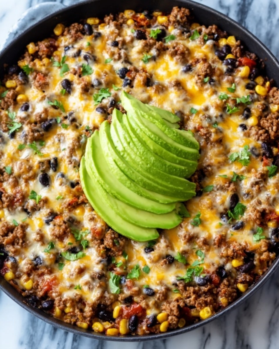 The image shows a skillet filled with a colorful layered dish. The bottom layer has pieces of cooked ground meat mixed with black beans and yellow corn kernels spread evenly. On top of this, there is a thick layer of melted cheese that looks golden and bubbly. Thin slices of green avocado are placed neatly in the center, adding a fresh touch. The skillet is placed on a white marbled surface. photo taken with an iphone --ar 4:5 --v 7