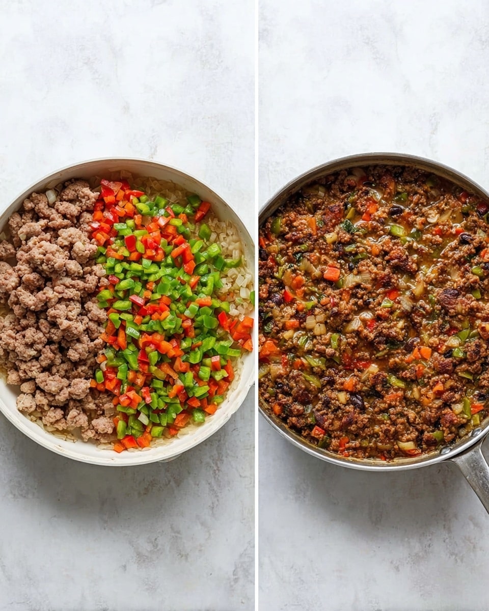 The image shows two white pans on a white marbled surface. The pan on the left contains three layers: a base of translucent chopped onions, a layer of diced green and red bell peppers scattered evenly on top of the onions, and raw ground meat chunks placed on one side. The pan on the right displays the same mixture fully cooked and combined into one textured layer, with the meat browned and mixed with the softened green and red bell peppers and onions, creating a rich brown and colorful appearance full of small bits. Photo taken with an iphone --ar 4:5 --v 7