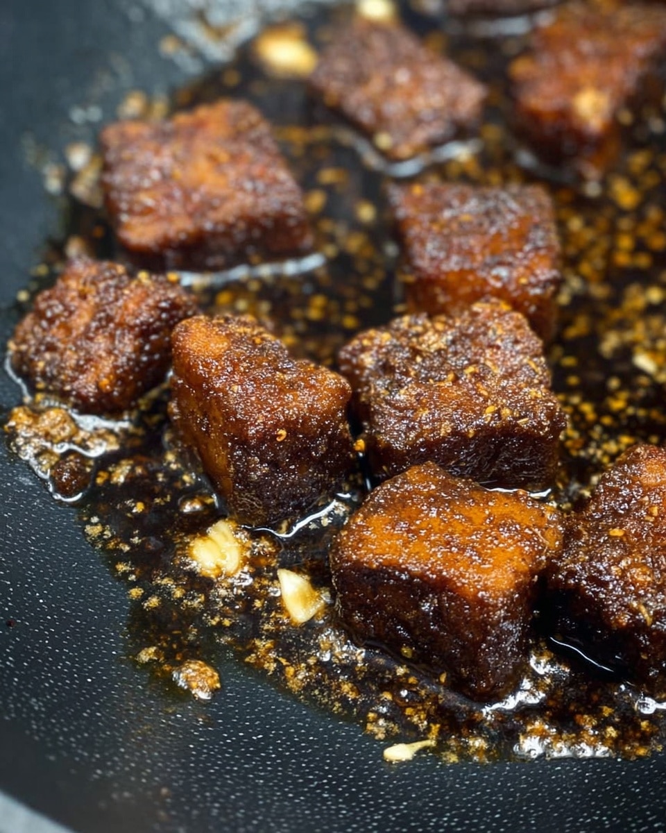 The image shows dark brown, fried cubes of food with a slightly crispy texture, sitting in a shallow layer of oily sauce mixed with small pieces of garlic. The cubes have a rich, almost burnt look on some edges, highlighting a thick spice coating. The pieces are clustered near the top right corner of the pan, which has a textured black surface beneath the sauce. photo taken with an iphone --ar 4:5 --v 7