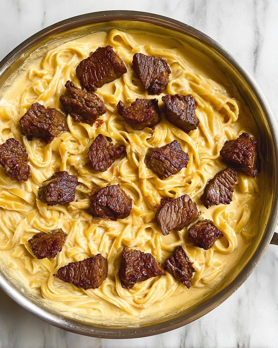 A close-up view of a silver pan filled with creamy pasta and dark brown pieces of meat on top. The pasta is long and flat, coated in a thick light yellow sauce with a smooth texture, swirling gently around the pan. The pieces of meat are scattered evenly over the pasta, each one seared with a glossy, dark brown crust, showing rough, uneven edges. The pan is placed on a white marbled surface, highlighting the colors of the rich sauce and the meat. photo taken with an iphone --ar 4:5 --v 7