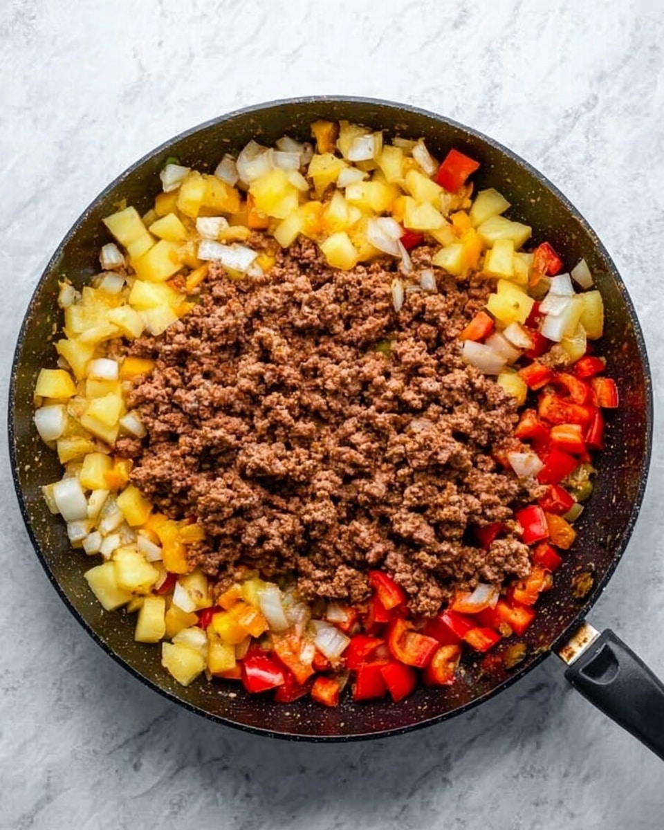 A black skillet on a white marbled surface holds a colorful mix of cooked ground meat and diced vegetables. The ground meat, brown and crumbly, fills the center of the pan, surrounded by layers of diced yellow potatoes, white onions, and red bell peppers. The diced vegetables are arranged around the edges in soft colors of yellow, white, and red, contrasting with the rich brown meat in the middle. The skillet handle extends to the right side of the image. photo taken with an iphone --ar 4:5 --v 7
