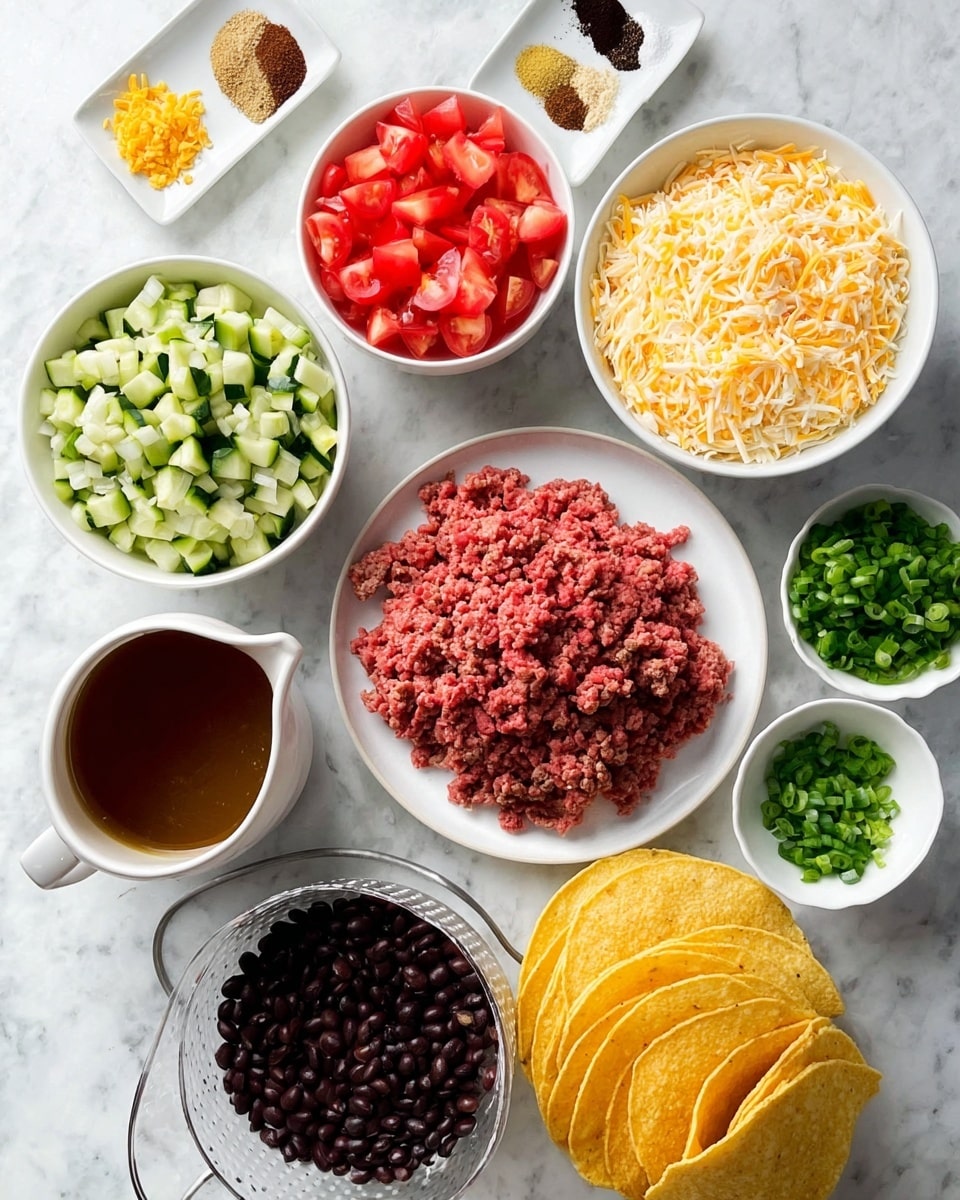 The image shows several white bowls and plates arranged on a white marbled surface, each holding different ingredients. In the center, a large white plate is piled with bright red ground meat. To the right is a large white bowl full of shredded, light yellow cheese mixed with white cheese. Above the meat plate is a small white dish with four different spices in small piles: black, brown, light brown, and deep red. To the left of the meat, there is a large white bowl filled with chopped green zucchini mixed with white pieces. Above that, a white bowl filled with bright red chopped tomatoes sits next to the cheese. Beneath the zucchini, a stack of yellow taco shells is neatly arranged. In the lower part of the image, there is a white bowl of yellow corn kernels, a white colander holding black beans, and a jug filled with a brown liquid sauce. Two small white bowls with chopped green onions are placed near the corn and at the right corner of the photo. The overall layout is neat and colorful, with natural lighting highlighting each ingredient. photo taken with an iphone --ar 4:5 --v 7