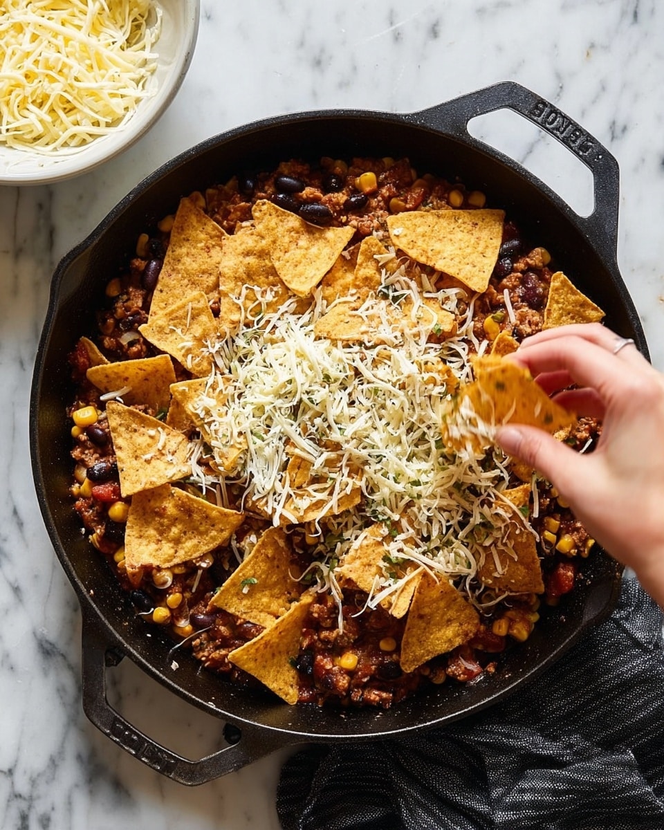 A black cast iron skillet filled with layers starting from a base of cooked ground meat mixed with black beans, corn, and diced tomatoes, creating a dark and chunky texture with yellow and red color spots. On top of this is a layer of crispy golden brown tortilla chips arranged unevenly. A woman's hand is sprinkling a generous amount of shredded mixed cheese over the chips, with the cheese piled up mostly in the center, showing white and pale yellow strands. In the top left corner, there is a white bowl filled with more shredded cheese. The skillet rests on a white marbled surface with a folded dark gray striped cloth partially visible at the bottom right. Photo taken with an iphone --ar 4:5 --v 7
