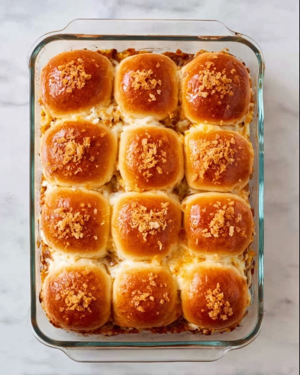 A clear glass baking dish holds twelve golden brown slider buns arranged in a 3 by 4 grid. Each bun is soft and slightly shiny with bits of toasted crumbs scattered on top. Underneath the buns, melted cheese peeks out, surrounded by a saucy, browned filling that touches the sides of the dish. The dish sits on a white marbled surface, showing light reflections on the glass. photo taken with an iphone --ar 4:5 --v 7