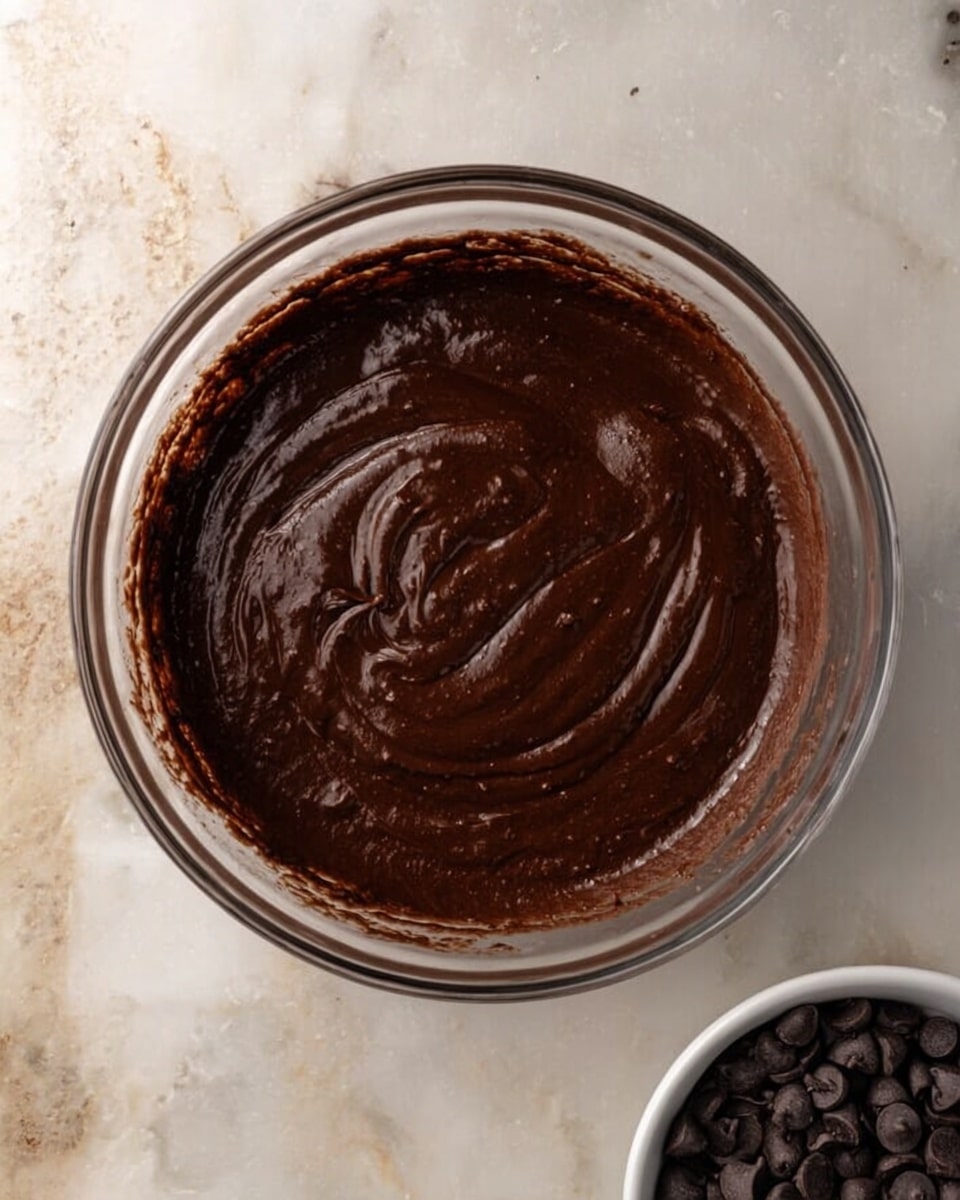 The image shows a clear glass bowl filled with thick, dark brown chocolate batter with a smooth, creamy texture. The batter's surface has swirled patterns, showing some movement while being mixed. The bowl is placed on a white marbled surface that gives a clean look. In the lower right corner, a white bowl filled with dark chocolate chips is partially visible. Photo taken with an iphone --ar 4:5 --v 7