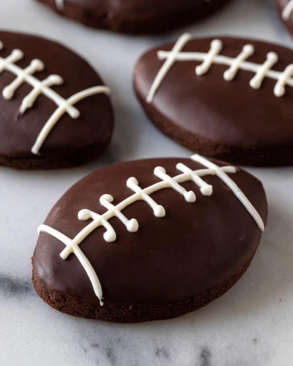 This image shows a group of four football-shaped cookies on a white marbled surface. Each cookie is dark brown with a smooth chocolate coating on top. On the top layer of each cookie is white icing, forming the laces and curved lines typical of a football, with three short horizontal lines crossed by a vertical line in the middle, and curved icing lines near the ends. The cookies are arranged casually, with one cookie in the foreground fully visible and others slightly blurred in the background. Photo taken with an iphone --ar 4:5 --v 7