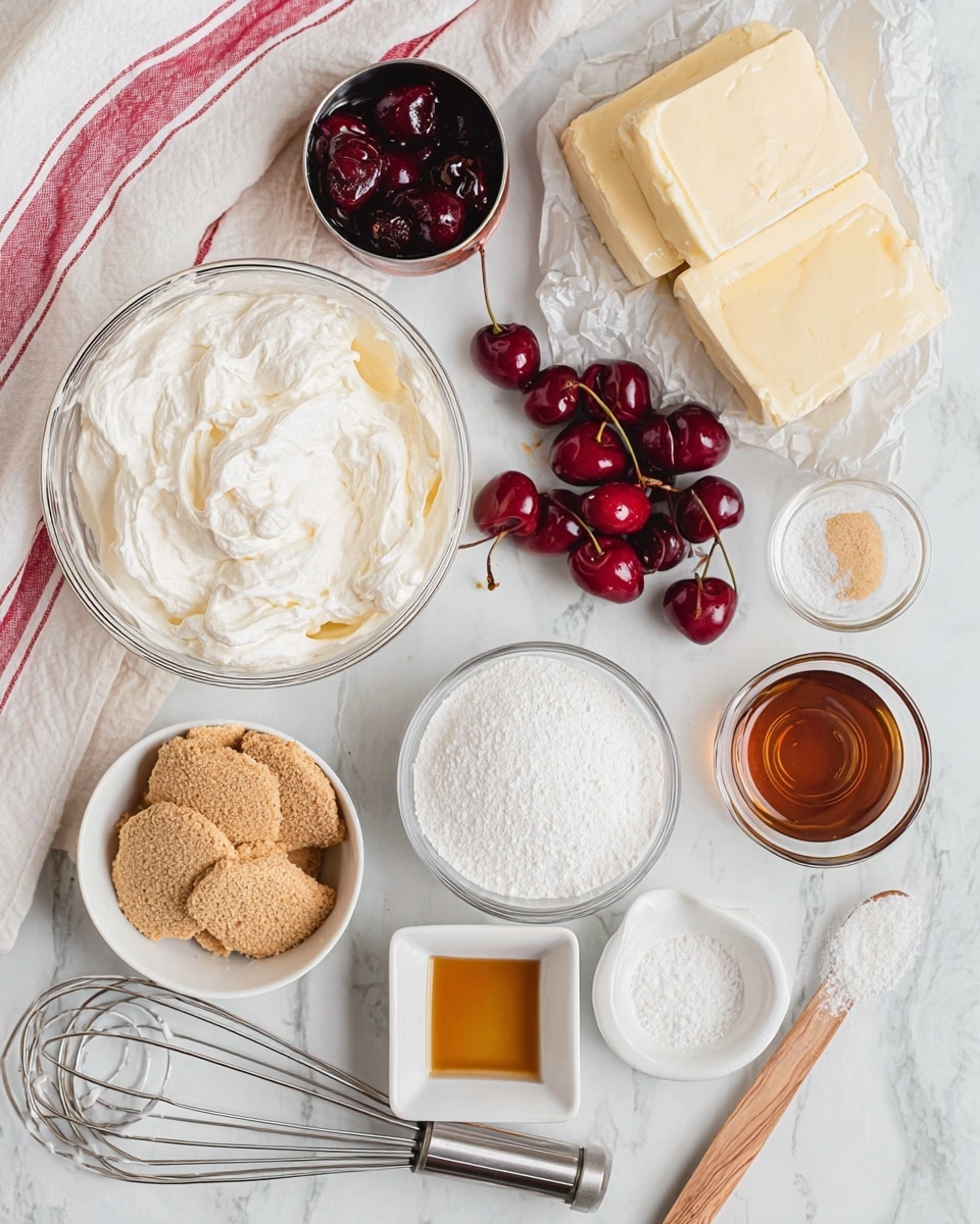 The image shows several ingredients arranged neatly on a white marbled surface, ready to make a dessert. There is a clear glass bowl with a fluffy white whipped cream mixture at the top center. To the left, an open can reveals bright red cherries in syrup, while fresh dark red cherries are scattered below it. Near the center, a white bowl holds light brown crushed graham crackers with a rough texture. On the right side, two large blocks of soft cream cheese rest on opened silver foil. Other small clear glass bowls hold white granulated sugar and a translucent liquid, while a small white square dish contains light brown vanilla or caramel syrup. A metal whisk with two beaters lies at the bottom, and a wooden spoon with a small amount of salt is placed horizontally near the center. A white measuring cup with white powdered sugar is also visible, along with a white bowl containing a melted yellow mixture, possibly butter. A white cloth with red stripes drapes softly across the top left corner. The whole scene is bright and clean, showing all the ingredients clearly photo taken with an iphone --ar 4:5 --v 7