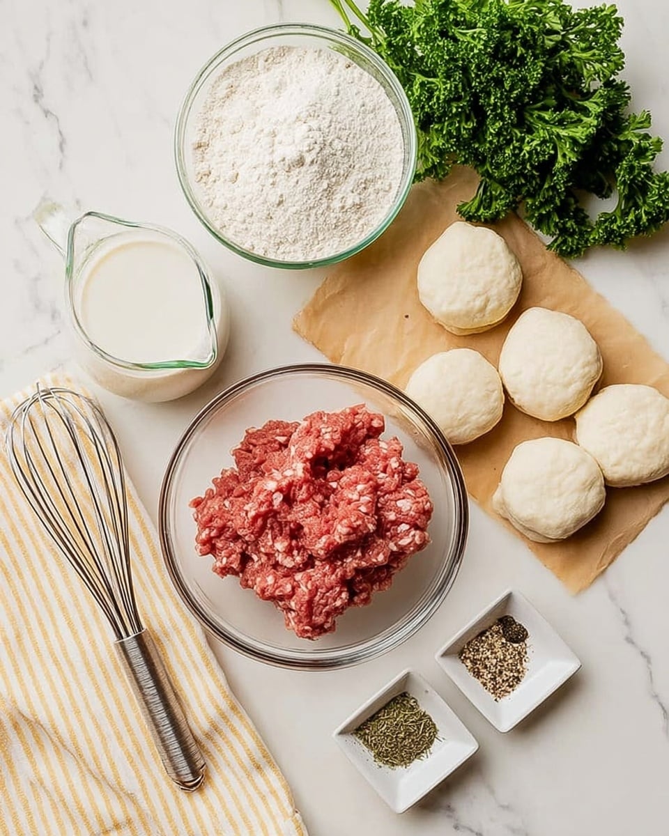 The image shows a top-down view of ingredients for cooking on a white marbled surface. There is a glass bowl in the center with raw ground meat that has a pinkish-red color and a slightly chunky texture. To the right, on brown parchment paper, there are six pale, round biscuit dough pieces with a soft, smooth texture. Above them is a bunch of green curly parsley adding a fresh touch. To the left, a glass pitcher filled with white milk is placed next to a small glass bowl of white flour. Below the flour, there is a silver whisk resting on a yellow and white striped cloth. Two small white square dishes are to the right of the meat bowl, containing black pepper and a mixed seasoning with greenish and beige specks. The whole setup is bright and neatly arranged. photo taken with an iphone --ar 4:5 --v 7