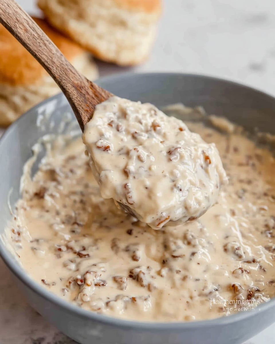 The image shows a close-up view of a thick creamy mixture in a grey bowl, with a wooden spoon lifted, holding a chunky creamy sauce with small browned bits evenly spread throughout. The creamy mixture has a light beige color with specks of darker brown and a smooth texture mixed with small solid pieces. The background features two soft biscuits with a flaky texture, slightly blurred, placed on a white marbled surface. photo taken with an iphone --ar 4:5 --v 7