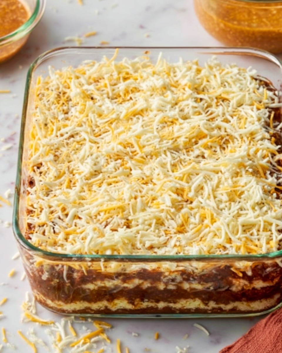 A clear glass baking dish filled with three layers: the bottom layer is a dark brown cooked meat sauce, the middle layer is a pale yellow cheese mixed with white cheese, and the top layer is a generous layer of shredded cheese in white and light yellow colors scattered evenly, with some cheese falling onto a white marbled surface around the dish. The scene includes a clear glass container with a light orange sauce in the background. photo taken with an iphone --ar 4:5 --v 7