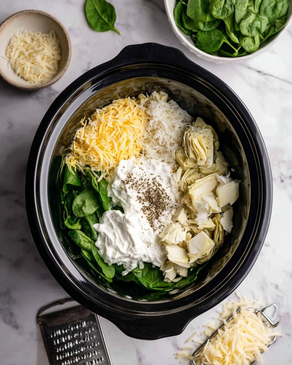 A black slow cooker filled with several layers of ingredients on a white marbled surface. The bottom layer is fresh green spinach leaves, topped with three separate piles: shredded yellow cheese on the left, cream-colored chopped artichoke hearts on the upper right, and shredded white cheese on the lower right. In the front center are dollops of white soft cheese and a generous scoop of thick white sour cream next to it. A pinch of ground black pepper is sprinkled on top of the cheeses. Nearby, a white bowl with fresh spinach and a white cheese grater with some shredded cheese lie on the white marbled surface. A woman’s hand is holding the bowl on the top right. Photo taken with an iphone --ar 4:5 --v 7