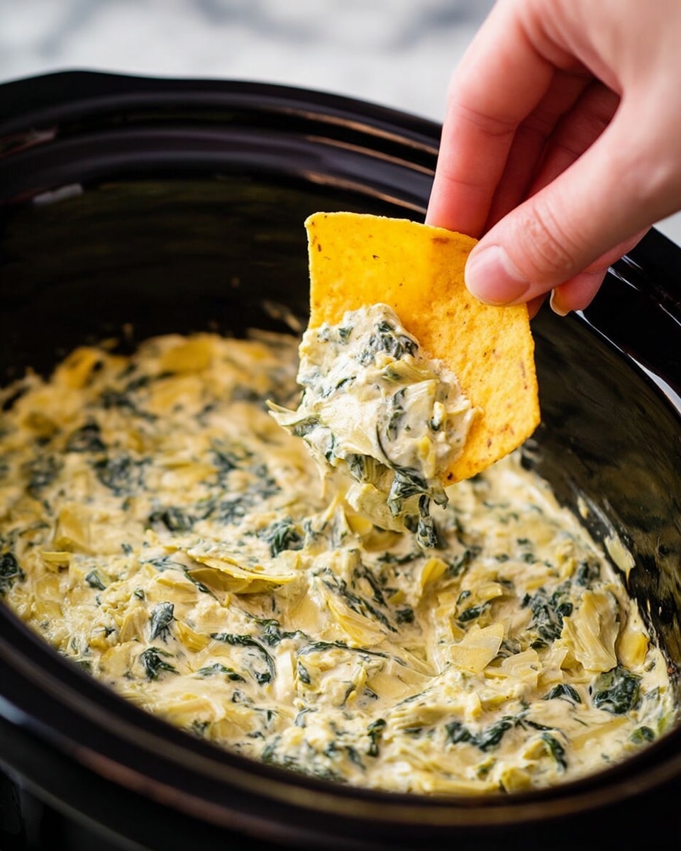 A close-up image showing a woman's hand dipping a yellow tortilla chip into a creamy dip inside a black slow cooker. The dip has a thick texture with visible green spinach leaves and soft chunks of artichoke, mixed in a smooth, light yellow and white creamy base. The slow cooker edges are blurred, focusing on the dipping action and the creamy dip details. The background is a white marbled surface. photo taken with an iphone --ar 4:5 --v 7