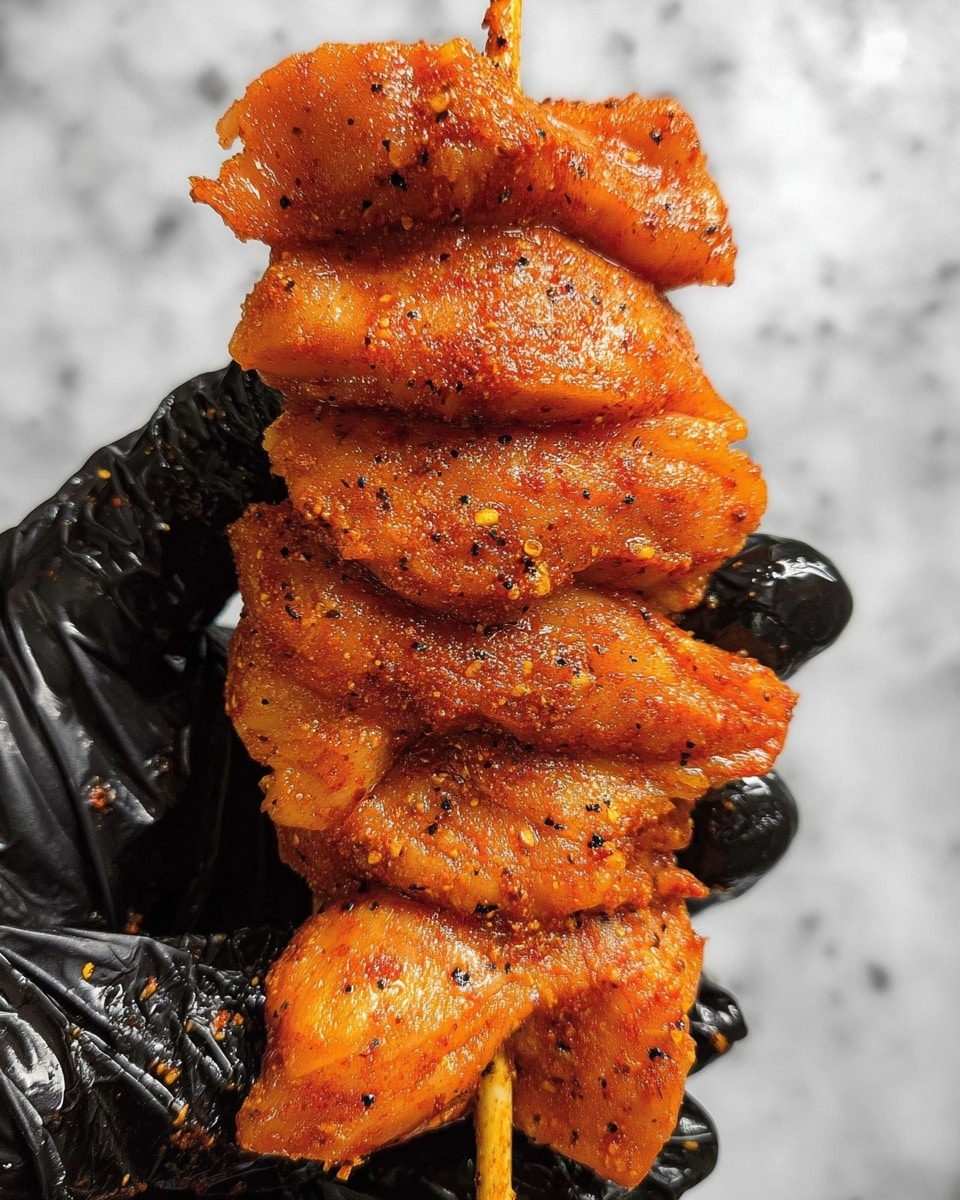 The image shows a close-up of several pieces of raw, marinated chicken threaded on a wooden skewer. Each piece is coated in a reddish-orange spice mix with visible black pepper flakes and a slightly wet, textured surface. The pieces are stacked tightly in a straight line, showing some uneven edges and folds. The woman's gloved hands holding the skewer are black and shiny. The background is a white marbled texture. photo taken with an iphone --ar 4:5 --v 7