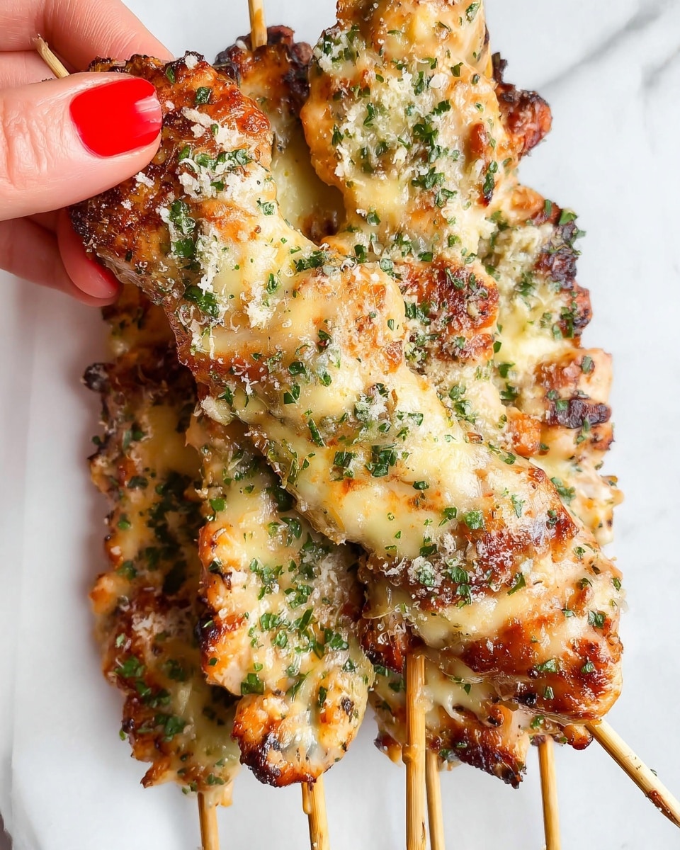 A close-up view of three skewers of grilled chicken covered in melted cheese and sprinkled with finely chopped green herbs and grated cheese on top. The chicken pieces are golden brown with slightly crispy edges, layered thickly along each skewer. The melted cheese has a creamy, pale yellow color, blending well with the green herbs and light dusting of cheese, adding texture and a slightly shiny appearance. A woman's hand with red nail polish is holding the front skewer, and the skewers rest on a white plate against a white marbled background. photo taken with an iphone --ar 4:5 --v 7