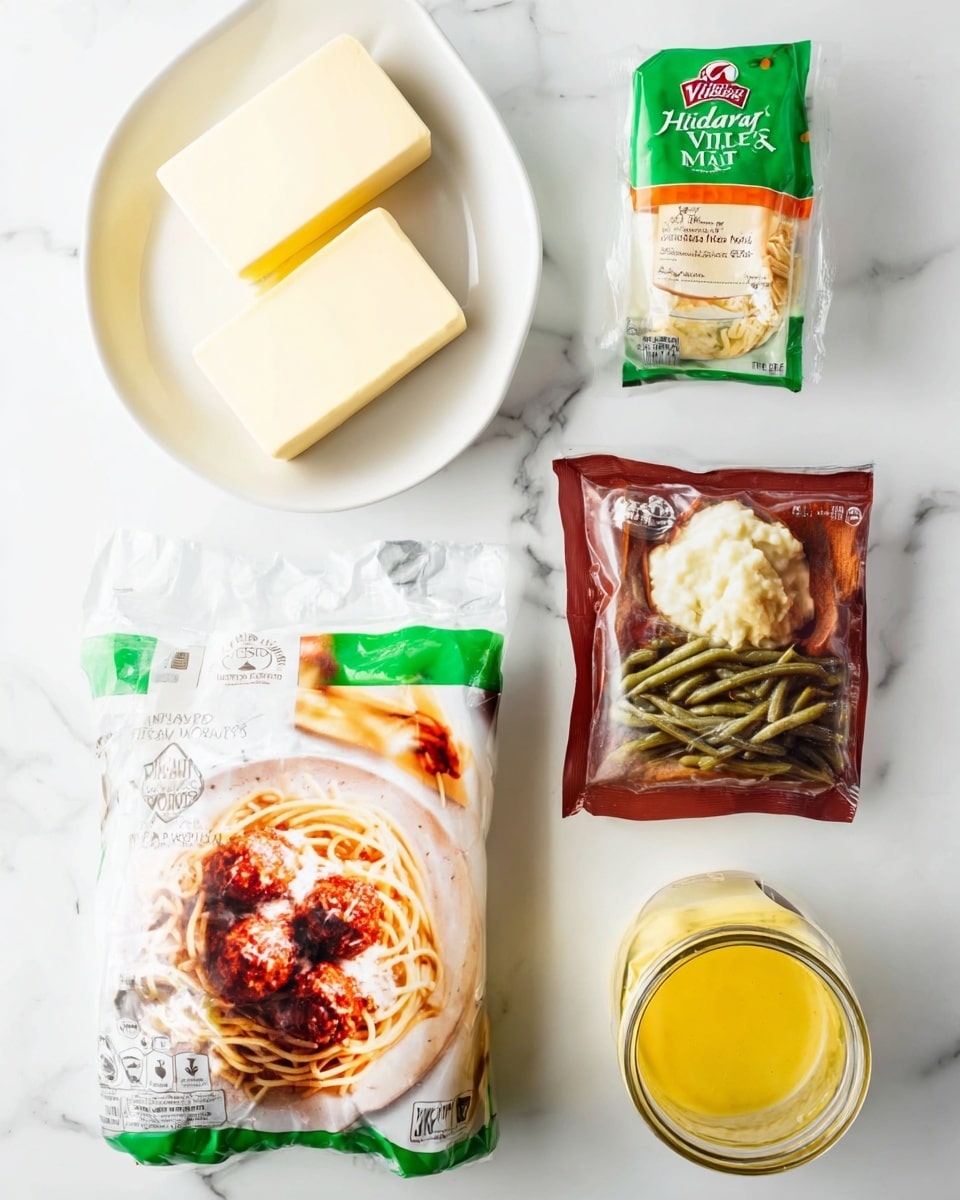 The image shows a white marbled surface with several food items neatly placed. At the top left, there is a white bowl holding three sticks of butter. Next to it on the right side, there is a green and white packet of Hidden Valley ranch dressing mix. Below these, there is a large white bag with the colors green, white, and orange, featuring a picture of spaghetti with meatballs. To the right of this bag is a red and brown packet showing mashed potatoes topped with gravy and green beans. At the bottom right corner, there is a glass jar filled with yellow mustard. The items are arranged in a grid-like layout. photo taken with an iphone --ar 4:5 --v 7