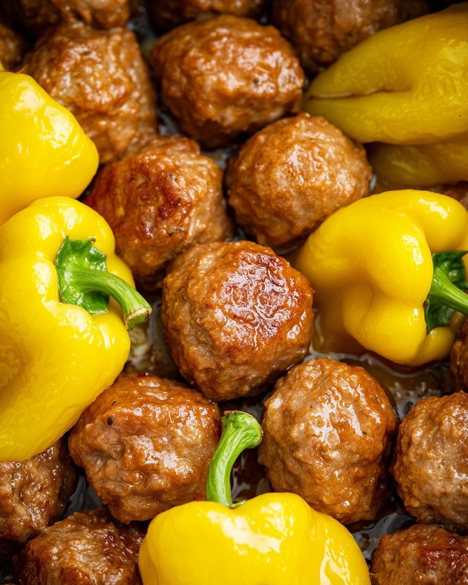 The image shows many small, round meatballs that have a shiny, cooked brown surface with some texture. Scattered between the meatballs are whole yellow peppers with smooth, slightly wrinkled skin and long green stems. The meatballs and peppers are close together and look moist with a thin layer of sauce. The scene appears tight and focused on this mix, with no other layers or plates visible. The background is a white marbled texture. photo taken with an iphone --ar 4:5 --v 7