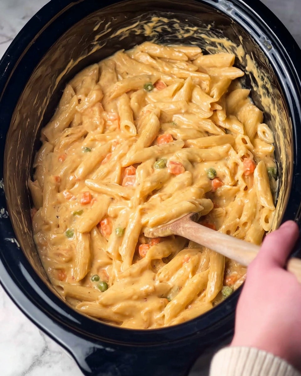The image shows a close-up of creamy pasta inside a black round slow cooker. The pasta is penne, covered in a thick, smooth, yellow cheese sauce with small pieces of orange carrot and green peas mixed throughout. A wooden spoon is stirring the pasta from the top right side of the slow cooker, and a woman's hand is holding the slow cooker at the bottom edge. The background is a white marbled surface. photo taken with an iphone --ar 4:5 --v 7