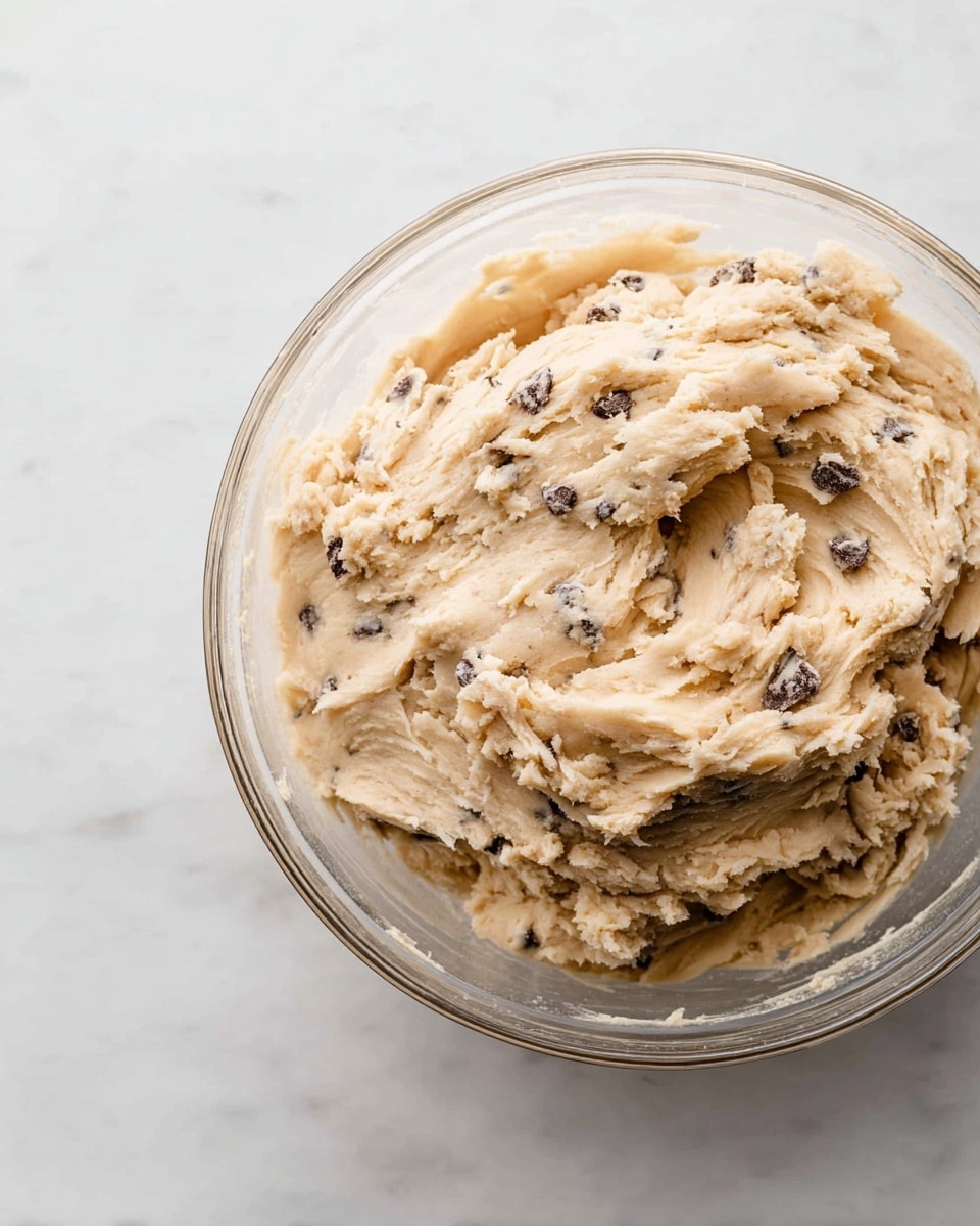 A clear glass bowl filled with thick, creamy light tan cookie dough mixed with small dark chocolate pieces throughout. The dough has a soft, slightly rough texture with visible swirls and folds created by mixing, sitting on a white marbled surface. photo taken with an iphone --ar 4:5 --v 7