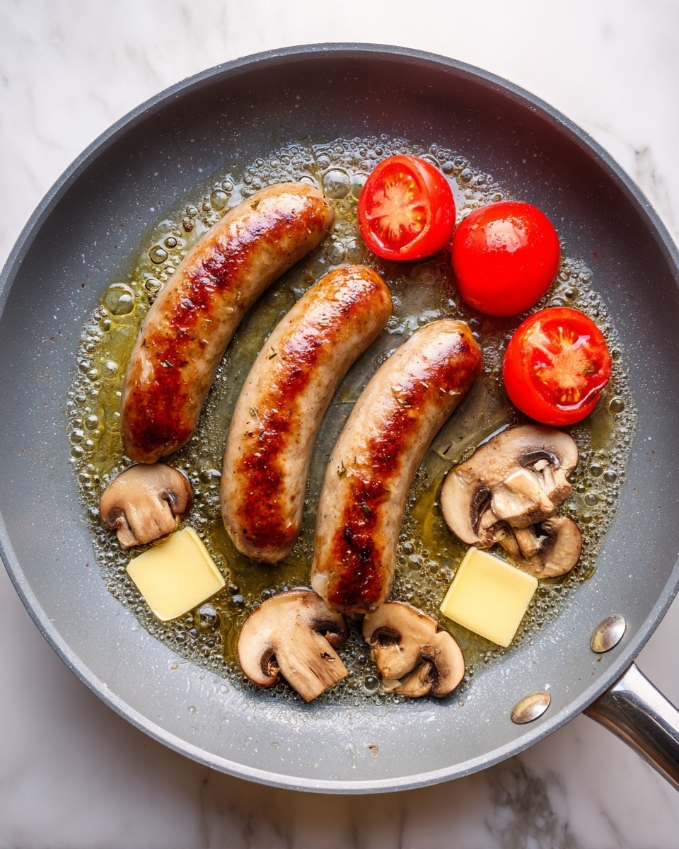 The image shows a grey frying pan with three browned sausages placed diagonally on the top left side. Below the sausages, there are two small round red tomatoes, one whole and one cut in half showing the seeds inside. Between the tomatoes, there are two thin yellow slices of butter. Around the tomatoes, there are four small mushrooms with light brown tops, some with slight browning from cooking. The pan has hot oil bubbling around the vegetables and sausages, creating a shiny texture. The background is a white marbled texture photo taken with an iphone --ar 4:5 --v 7