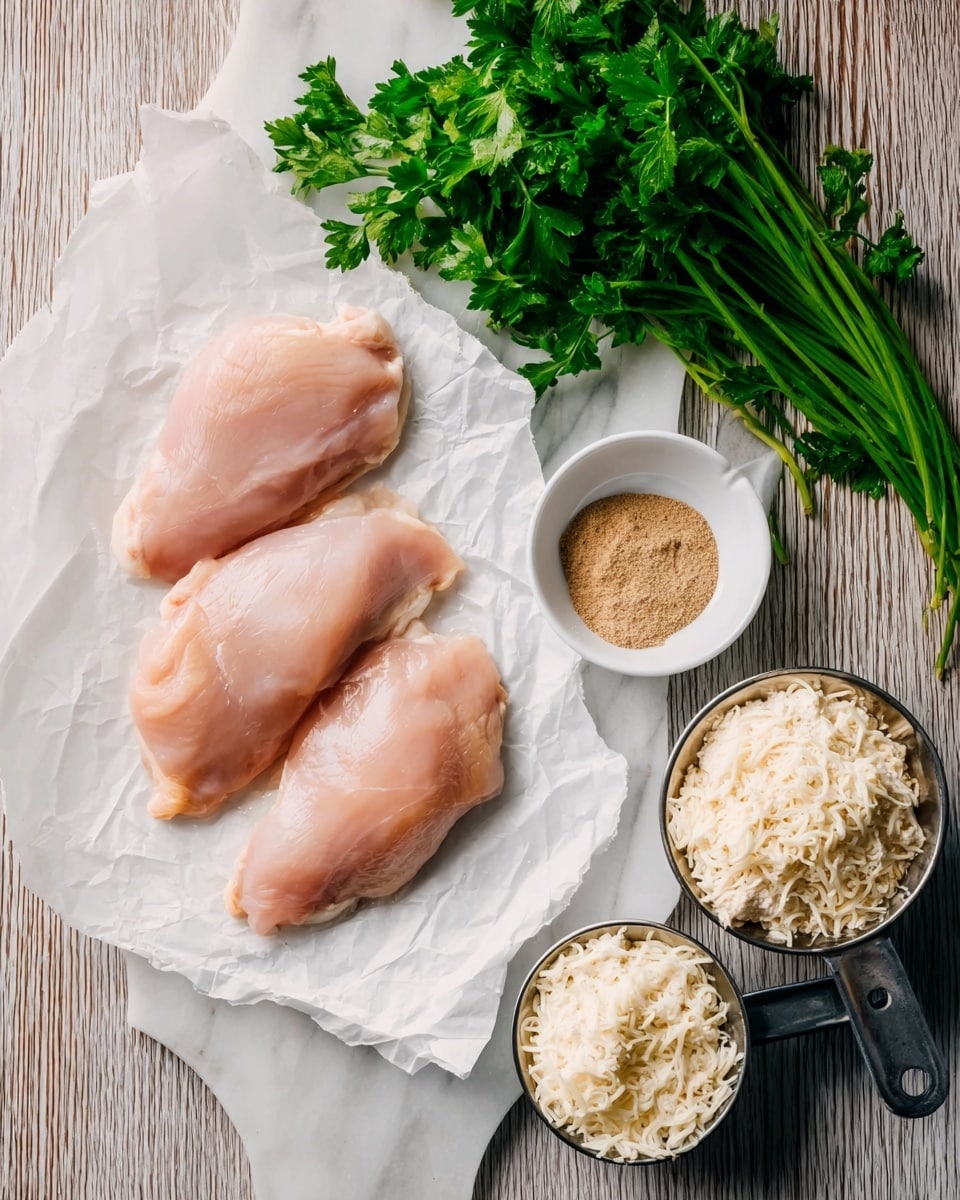 The image shows three pieces of raw chicken placed on crumpled white parchment paper, lying on a white marbled surface with a wood grain pattern. To the left, there is a bunch of fresh green parsley on the surface. Above the parsley, two small white bowls hold light brown and beige powders, while on the right side, there are metal measuring cups filled with a creamy white mixture and shredded white cheese. The colors include soft pink of the chicken, vibrant green of the parsley, neutral browns of the powders, and creamy white of the mixtures, all arranged neatly in a flat lay style. Photo taken with an iphone --ar 4:5 --v 7