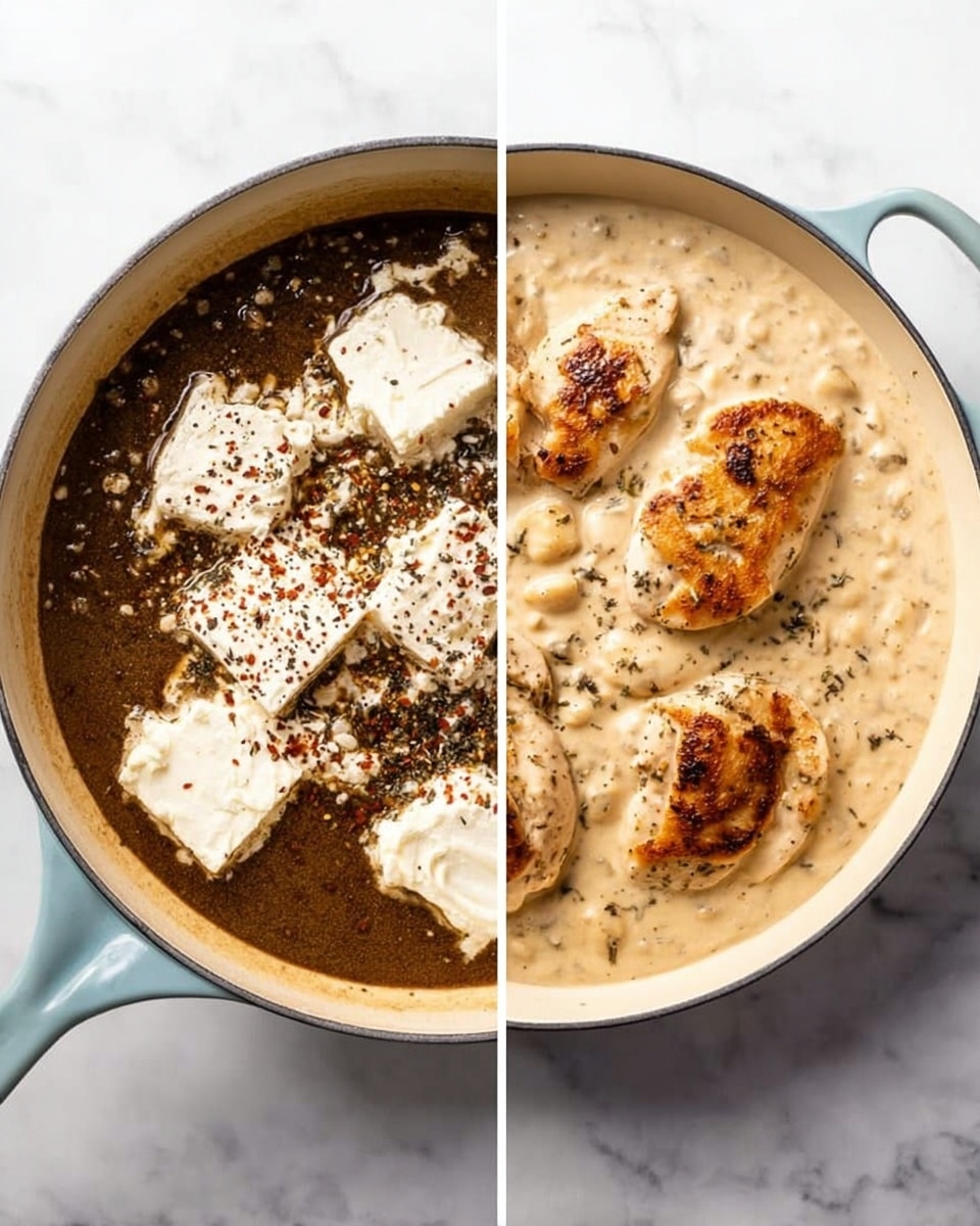 Two photos side by side show food cooking in a light blue pan on a white marbled surface. The left image has a dark brown liquid with small bits in it, topped with several dollops of soft white cream cheese and sprinkled with black and red spices. The right image shows the same pan filled with a thick light beige creamy sauce, with four browned chicken pieces partly submerged in the sauce. The colors contrast between the dark soup on the left and the pale creamy sauce with golden chicken on the right. photo taken with an iphone --ar 4:5 --v 7