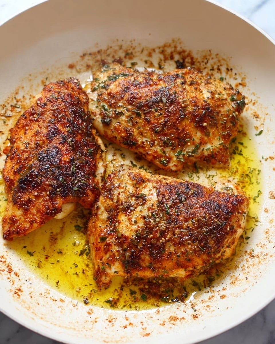 A white pan contains three pieces of cooked chicken with a golden to dark brown color, showing a mix of crispy and seasoned texture. The chicken pieces are irregular in shape, with visible herbs and spices scattered on top and around them. A layer of yellowish oil pools at the bottom of the pan, adding shine to the surface. The pan is placed on a white marbled background. photo taken with an iphone --ar 4:5 --v 7