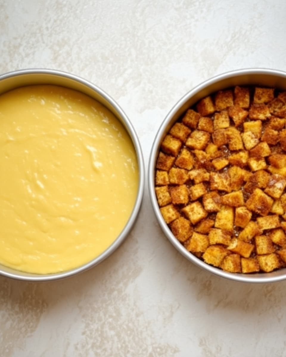 The image shows two round cake pans placed side by side on a white marbled surface. The pan on the left is filled with a smooth, thick yellow batter that covers the entire bottom evenly. The pan on the right is filled with small, cubed pieces of food that have a golden brown color with a slightly crispy-looking texture, piled evenly to cover the pan's bottom. The pans are stainless steel and have a slight shine. Photo taken with an iphone --ar 4:5 --v 7