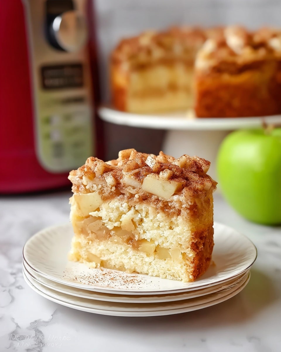 A slice of apple cake sits on a small white plate, showing three clear layers: a bottom layer with small apple pieces mixed into a light golden cake, a thick middle layer of soft, pale yellow cake, and a top layer covered with chunky apple pieces and sprinkled cinnamon, giving a slightly rough texture. The whole cake, visible in the background on a white plate, shows the same layers. The scene is set on a white marbled surface next to a green apple and a kitchen machine, with soft light highlighting the cake’s moist texture and cinnamon topping. photo taken with an iphone --ar 4:5 --v 7