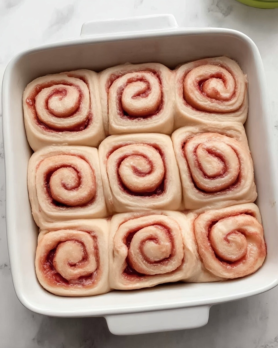 A white square baking dish holds nine soft pink strawberry swirls, arranged in three rows of three. Each swirl has a clear spiral shape showing layers of light pink dough wrapped around a deeper red strawberry filling. The rolls are touching each other, filling the dish evenly with smooth, slightly shiny tops. The dish is placed on a white marbled surface with a hint of a green object in the background. photo taken with an iphone --ar 4:5 --v 7