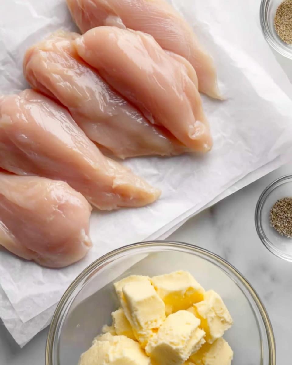 The image shows several raw chicken tenderloins placed on white parchment paper over a white marbled surface. The tenderloins are light pink with a slightly shiny, smooth texture. In the lower part of the image, there is a clear glass bowl filled with pale yellow butter chunks, positioned close to the paper with chicken. To the right edge, some seasoning in a transparent bowl is partially visible. The scene is bright and clean, focusing on the raw ingredients arranged in a casual way. Photo taken with an iphone --ar 4:5 --v 7