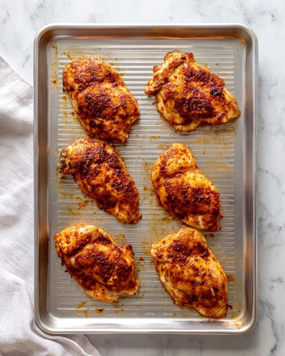 Six seasoned cooked chicken pieces are placed evenly in two rows of three on a silver metal baking tray with ridged lines. The chicken pieces have a rich brown and orange color from the spices, showing a slightly crispy texture with some oil spots around them. The tray sits on a white marbled surface with a white cloth partially visible on the left side. The lighting is natural, highlighting the juicy and well-cooked look of the chicken pieces photo taken with an iphone --ar 4:5 --v 7