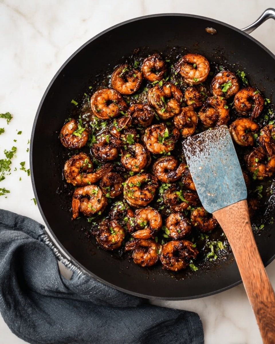 A black pan filled with cooked shrimp that are dark brown and slightly charred, scattered evenly throughout the pan. Small green herb pieces are sprinkled over the shrimp, adding spots of fresh green color. A wooden spatula with a slightly worn, blue blade rests inside the pan, partially under some shrimp. The pan is set on a white marbled surface with a dark gray cloth napkin to the side. A few tiny herb bits are scattered around the pan on the surface. Photo taken with an iphone --ar 4:5 --v 7