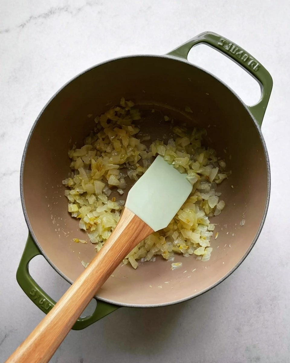 Inside a round, light brown pot with green handles, there are small pieces of cooked onion at the bottom, showing a soft yellow color and a slightly shiny texture. A wooden spatula with a pale green silicone head rests inside the pot, touching the onions. The pot sits on a white marbled surface. photo taken with an iphone --ar 4:5 --v 7