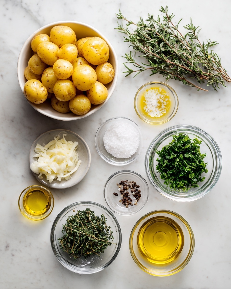 Top-down professional food photography, flat lay style, bright white marble countertop, neatly arranged, evenly spaced, tidy, clean organized layout. Include: bowl of mini potatoes, small bowl of finely chopped fresh rosemary, small bowl of chopped fresh parsley, small bowl of finely chopped fresh thyme, small bowl of minced garlic, small glass cup of olive oil, small bowl of salt, small bowl of black pepper. Bright soft natural lighting, sharp focus, high detail textures, realistic reflections, professional DSLR look, 4K. No finished dish, no cooked food, no hands, no text, no watermark, no brand logos --ar 4:5 --v 7