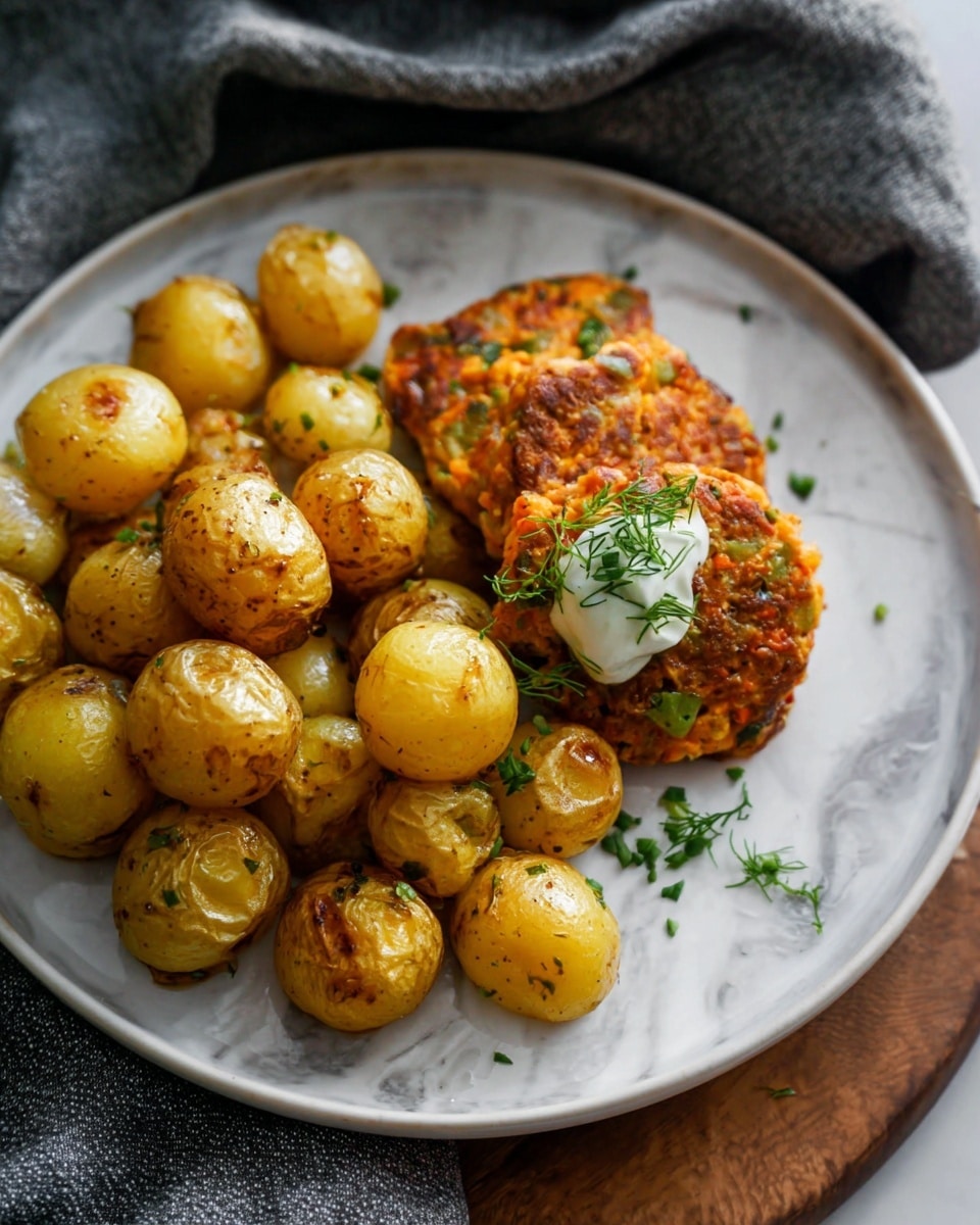 A white plate holds two main parts of the dish on a white marbled surface. On one side, there is a cluster of small golden-yellow roasted potatoes with slightly wrinkled skin and browned spots, sprinkled with green herbs. On the other side, there are two orange-brown patties mixed with green bits, topped with a dollop of white sauce and garnished with a small green herb. The plate is partly covered by a grey cloth in the background. Photo taken with an iphone --ar 4:5 --v 7