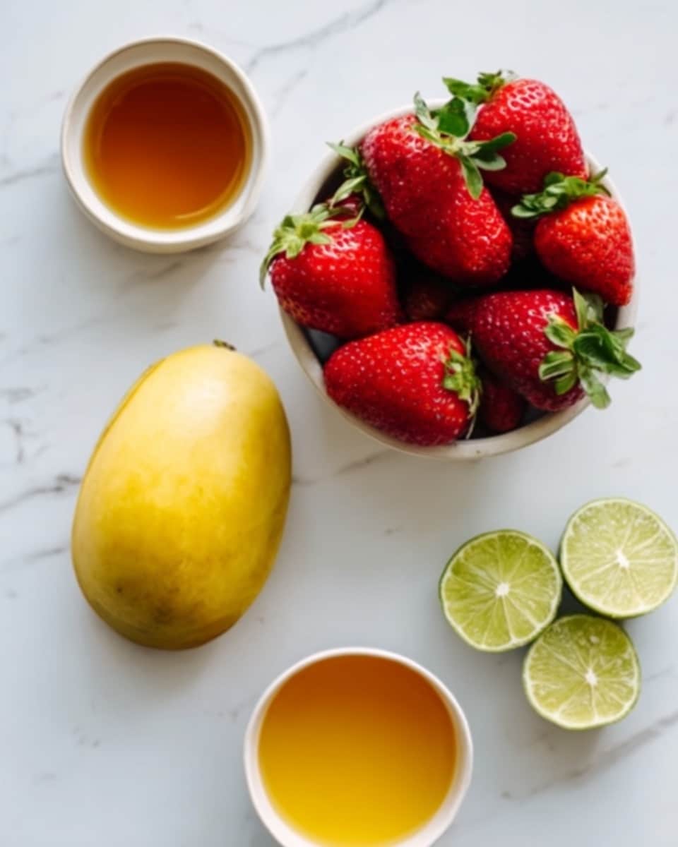 The image shows five food items arranged on a white marbled surface. In the center is a white bowl filled with bright red strawberries that have green leaves. To the bottom left lies a peeled yellow mango with a smooth texture. Above the mango and to the top left is a small white bowl containing a golden brown liquid. To the bottom right, there is a white cup filled with orange juice. At the top right corner, two lime halves with a light green inner flesh are placed side by side. The scene is bright and clean, photo taken with an iphone --ar 4:5 --v 7